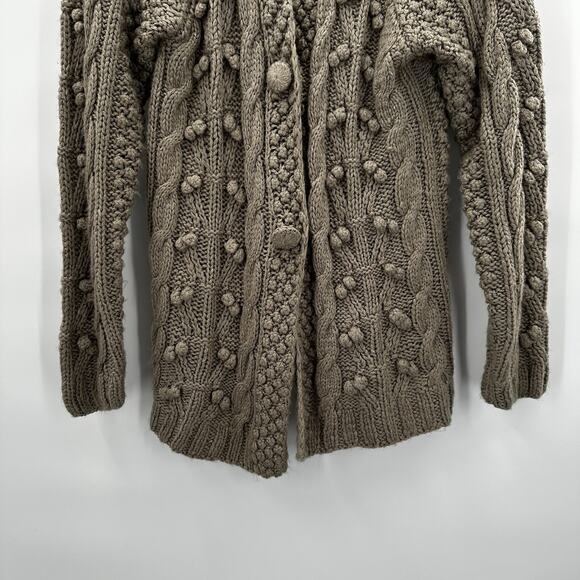 Alps Sweater Womens Medium Beige Button Bobbles Chunky Cable Cardigan Wool Poms - Picture 3 of 12